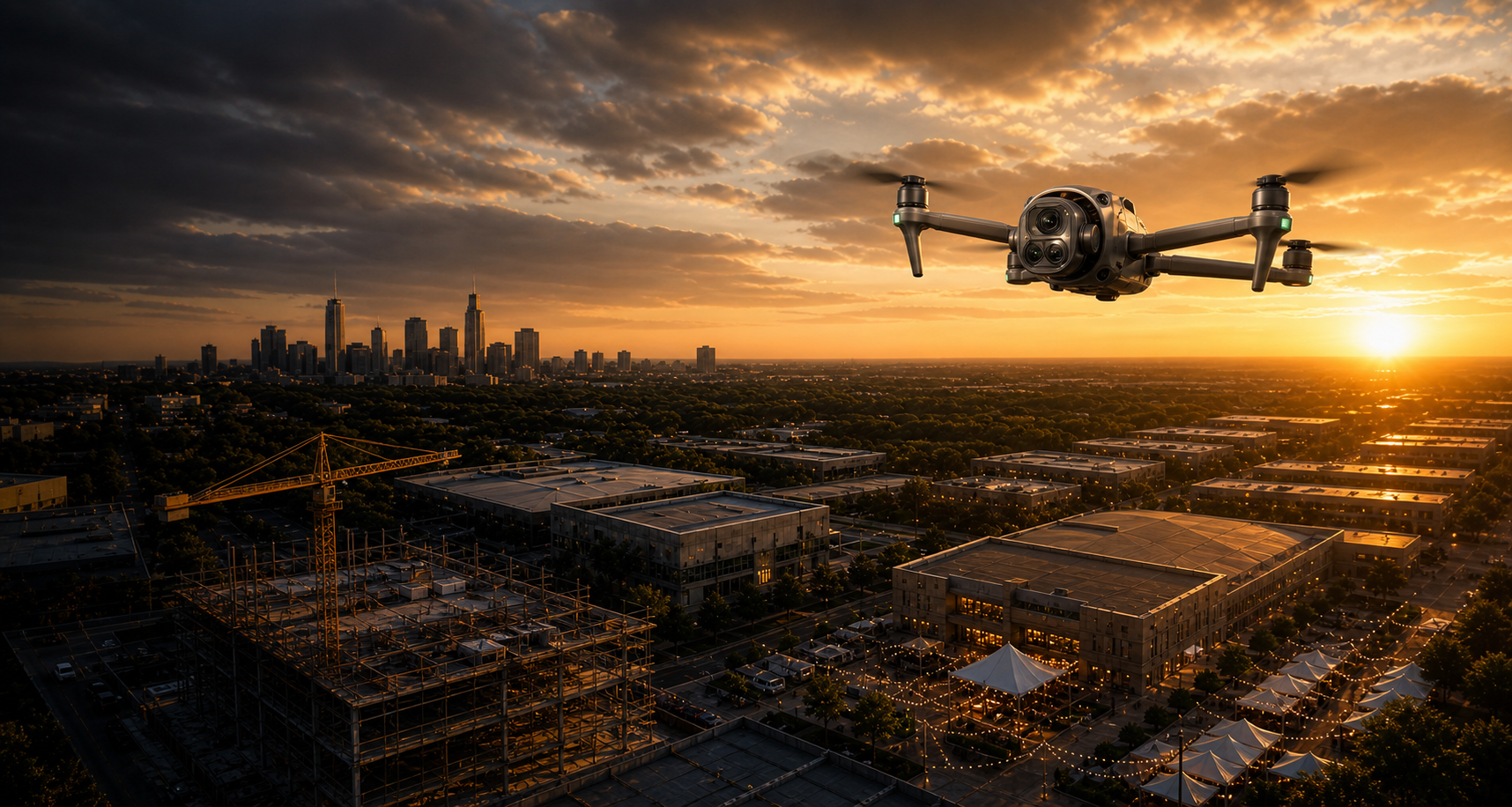 DJI Mavic 4 Pro-style drone above commercial properties at golden hour